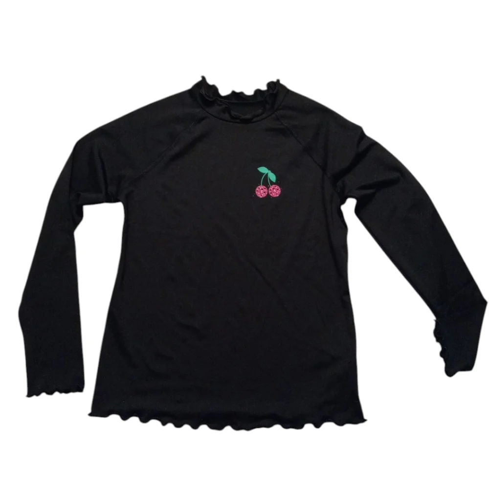 Black Long Sleeve Rashgaurd Swim Top with Cherry Embroidery Size 8